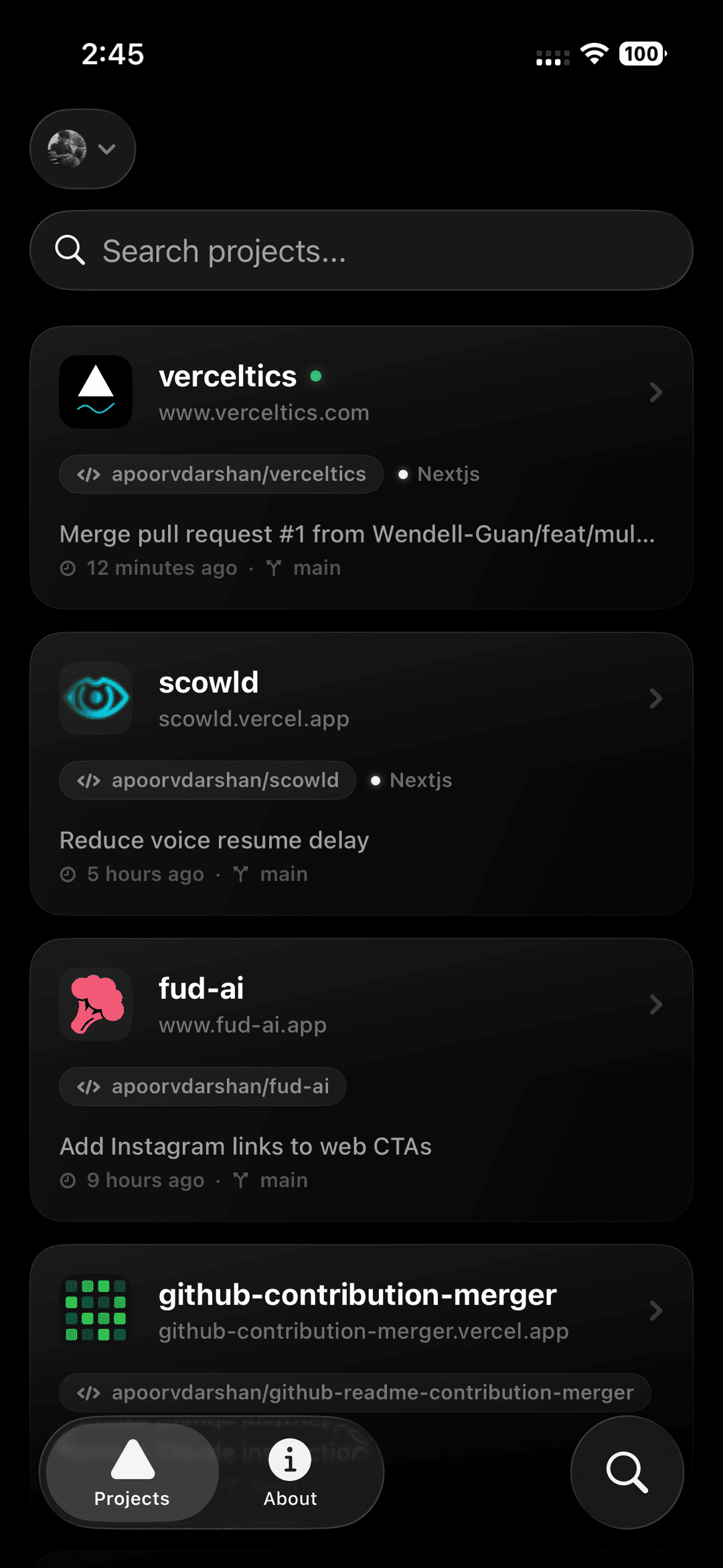 Verceltics project list with favicons and live deploy dots
