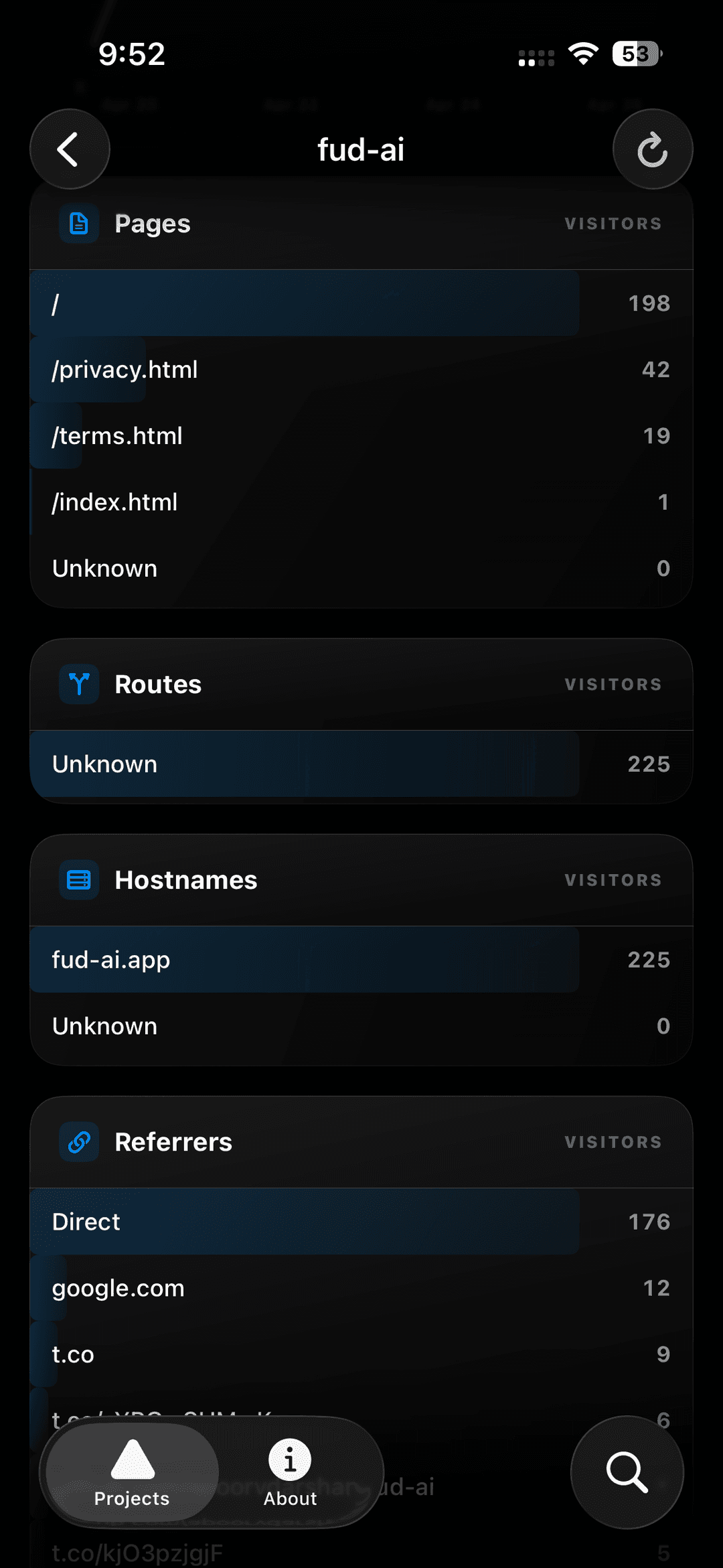 Pages, routes, hostnames, and referrers ranked